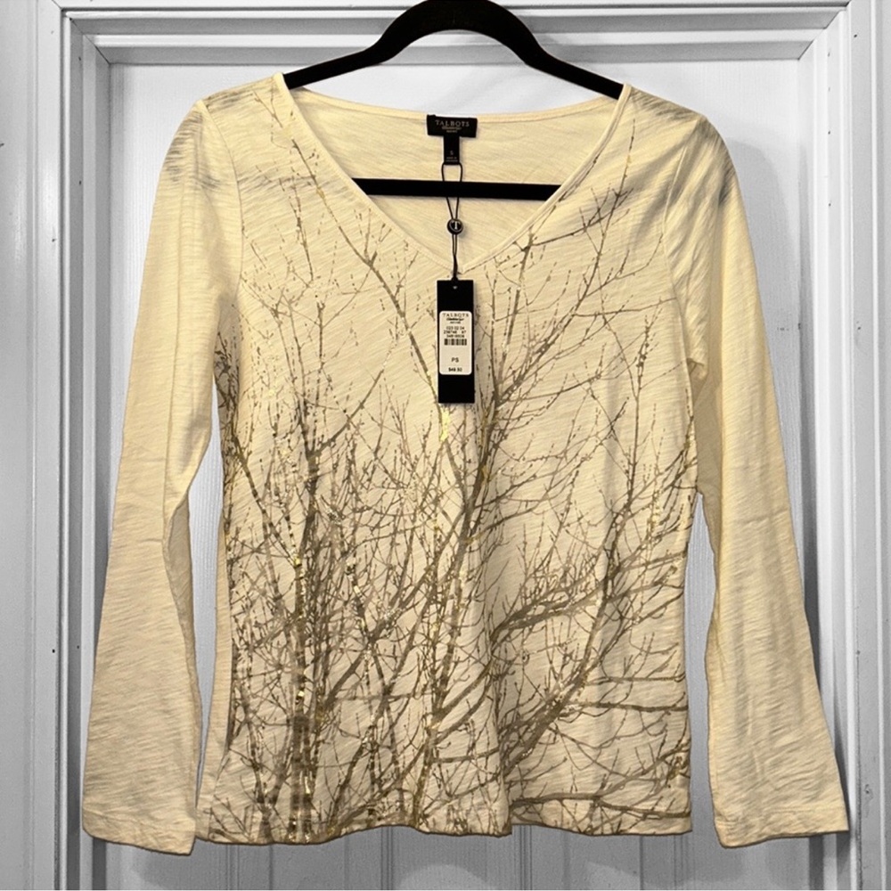 New! Talbots Foil Tree Print V-neck Long Sleeve Tee